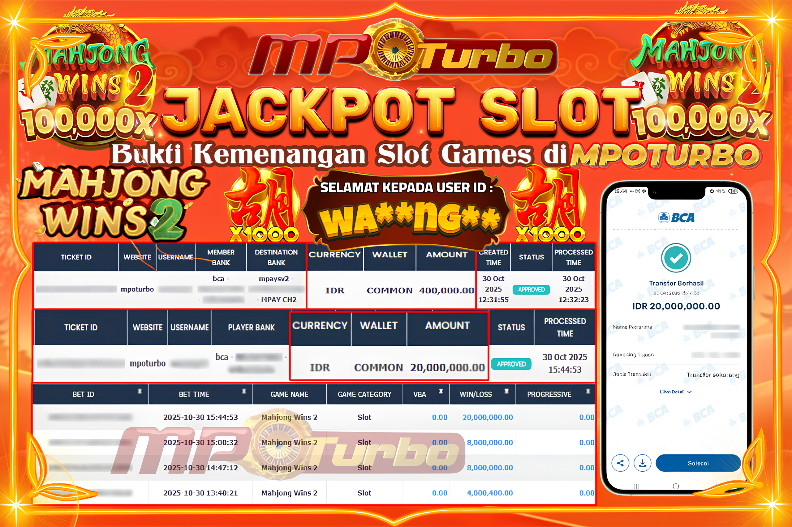 MPOTURBO JACKPOT MAHJONG WINS 2 - PRAGMATIC PLAY Rp 20,000,000.00,- LUNAS